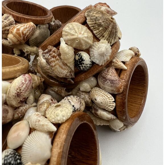 Set 8 Vtg Mixed Sea Shell Wood Napkin Rings Beach Ocean Nautical Boho - Picture 8 of 12